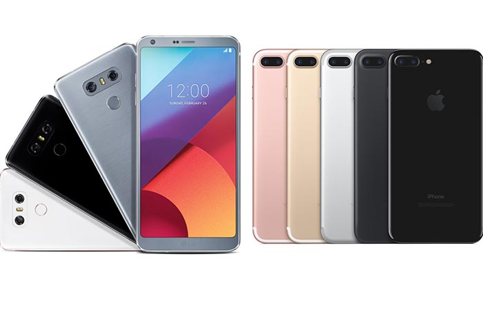 Different colors of the LG G6 and the iPhone 7