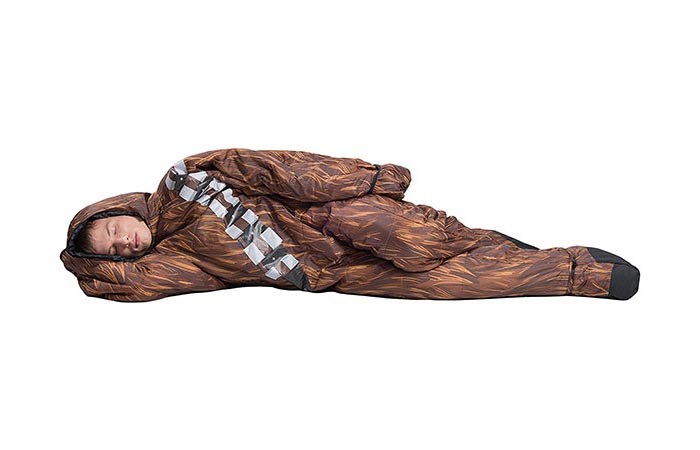 Man laying down in the Selk’bag Chewbacca edition