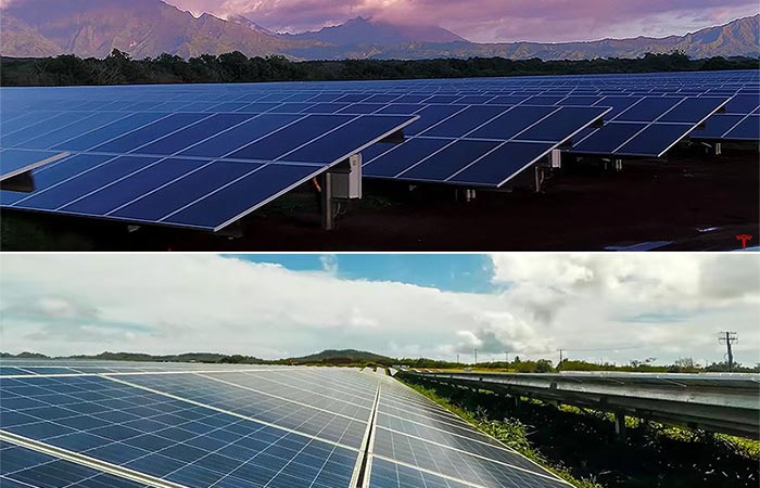 Two different landscape shots of the Tesla Solar Farm