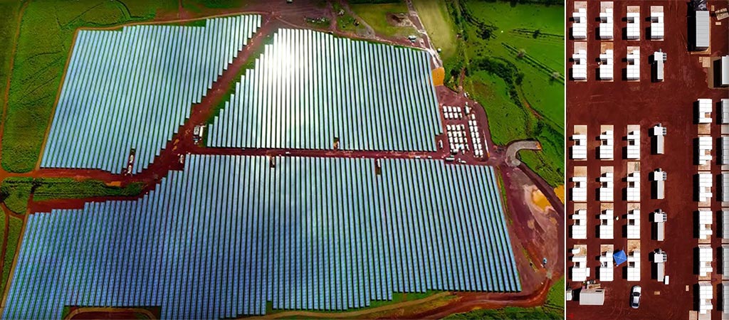 Two aerial views of the Tesla Solar Farm in Kauai, Hawaii