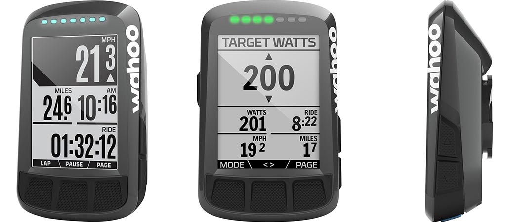 Three different views of the Wahoo Fitness ELEMNT BOLT Computer