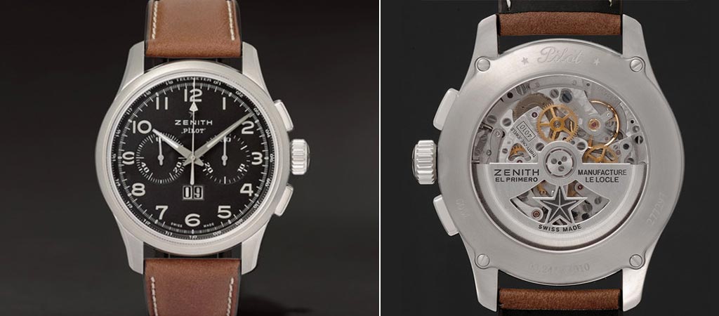Front and back view of the Zenith Pilot Stainless Steel And Leather Watch