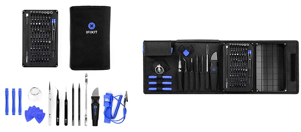 Two different views of the iFixit Pro Tech Toolkit and all of its tools.