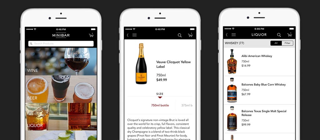 Three different views of the Minibar Delivery app