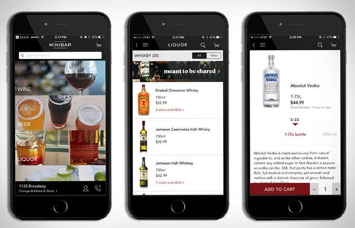 Three different views of the Minibar Delivery app