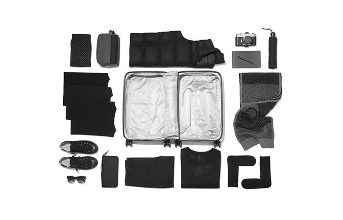 travel items next to a Raden luggage