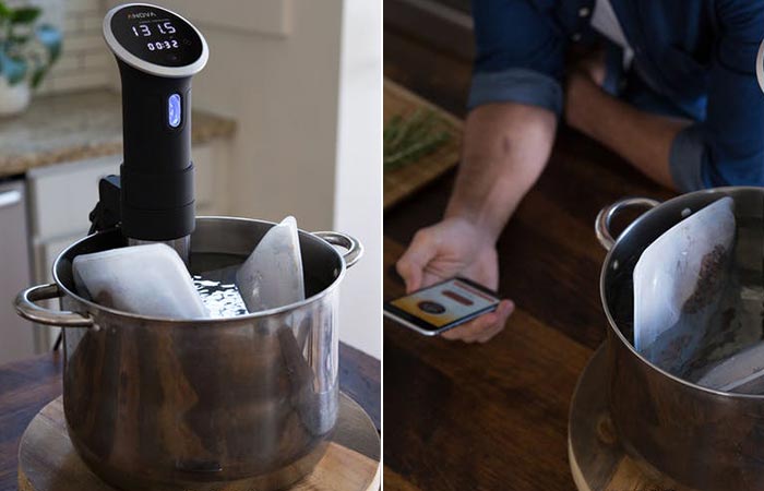 two images of Anova Wifi precision cooker being used