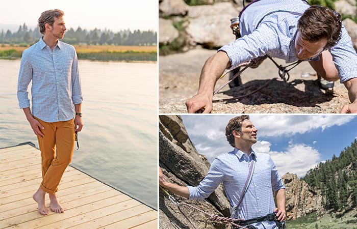 three images of wearing Bluffworks Meridian Dress Shirt