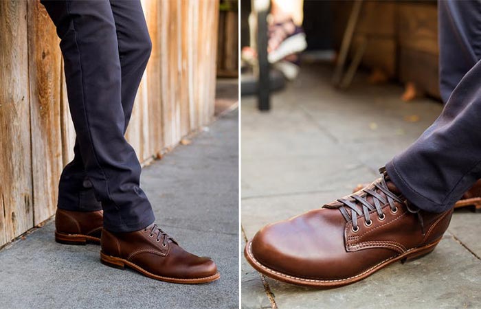 two images of brown Wolverine 1000 Mile Boot